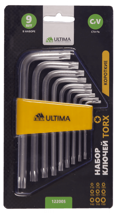 Набор ключей TORX Ultima, 9 шт в наборе, CrV, T10-T50, короткие