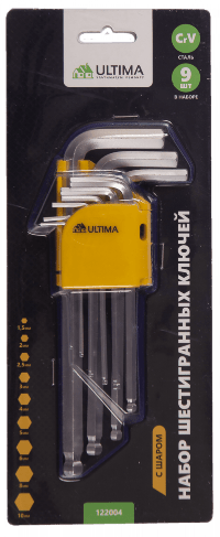 Набор шестигр. ключей Ultima, шаровые, удлин,9 шт,1,5-10 мм,сталь CrV