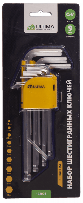 Набор шестигр. ключей Ultima, шаровые, удлин,9 шт,1,5-10 мм,сталь CrV