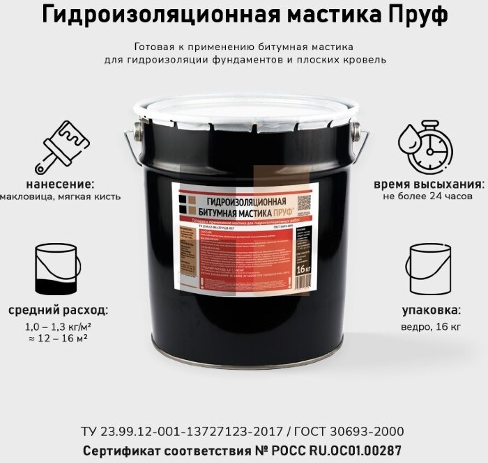 Битумная гидроизоляционная мастика Пруф, ведро 16 кг