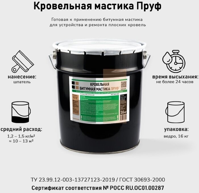 Битумная кровельная мастика Пруф, ведро 10 л