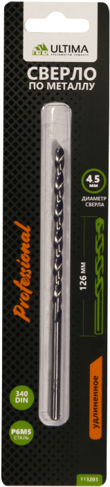 Сверло по металлу Ultima спиральное, удлиненное, P6M5, 4,5х126 мм